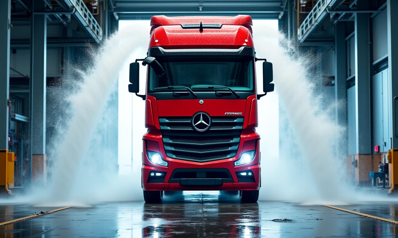 Lavaggio professionale di un camion articolato in una struttura specializzata